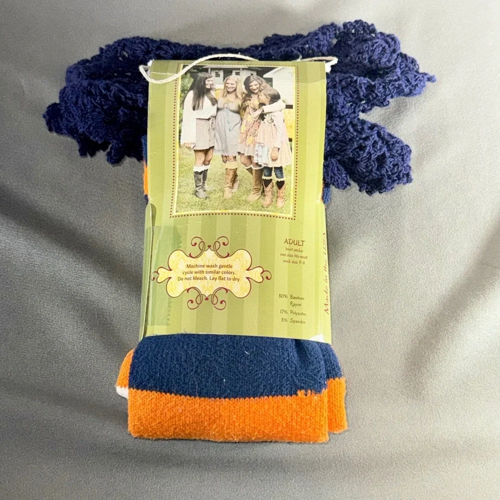 Well Ida-Clair The Sophie Boot Socks Navy Blue Orange Striped Crochet Trim USA
